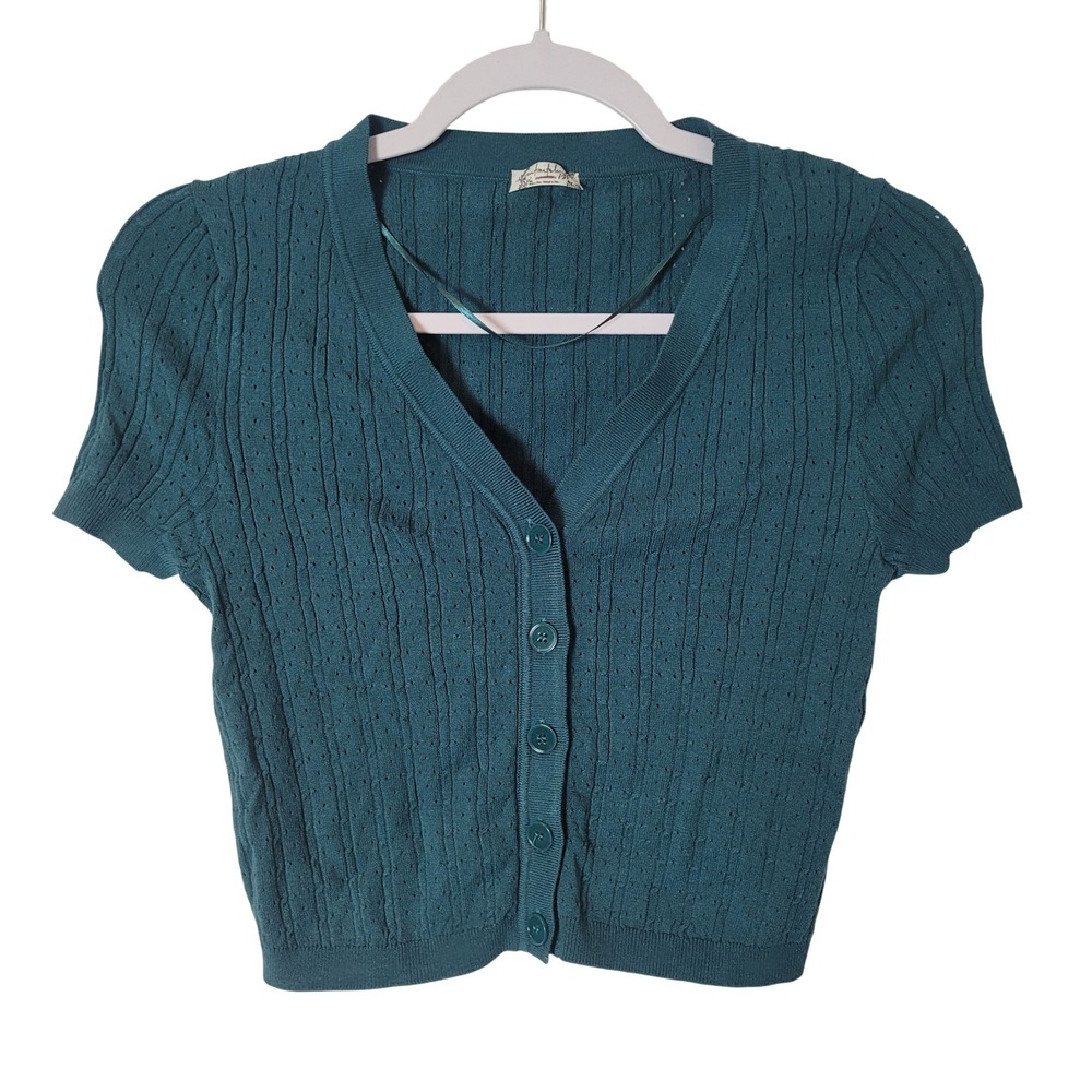 Intimately Free People Teal Pointelle Knit Cropped Cardigan Short Sleeve Small